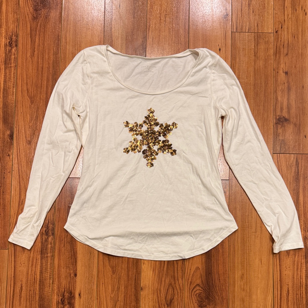 Ann Taylor Cream Long Sleeve Top With Gold Star Sequin Design